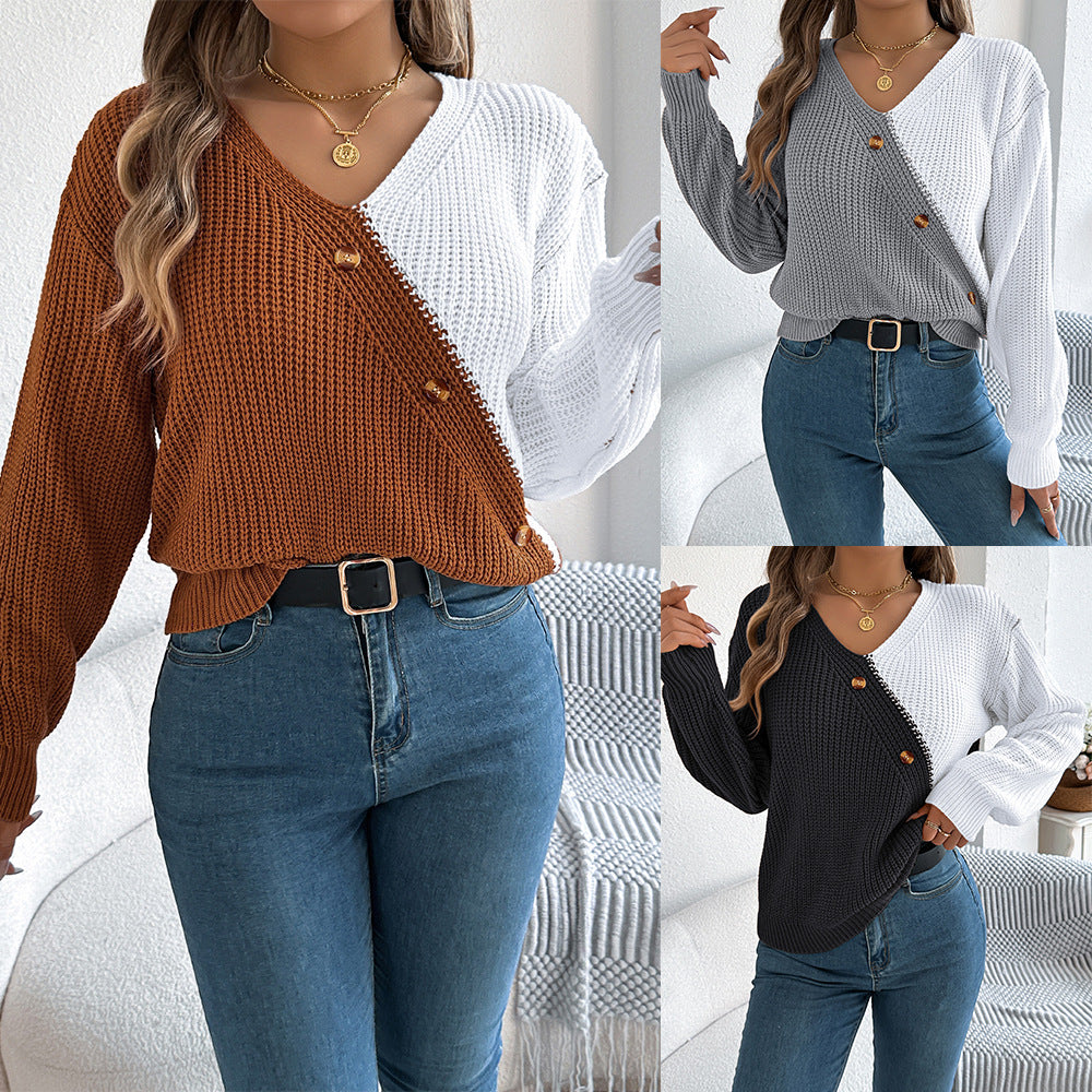 V-neck button contrasting lantern sleeve sweater