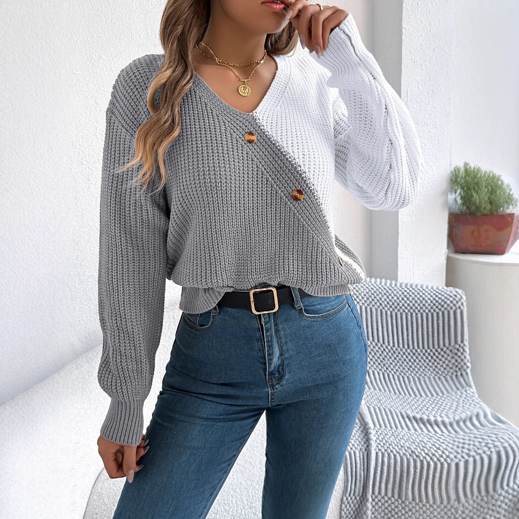 V-neck button contrasting lantern sleeve sweater