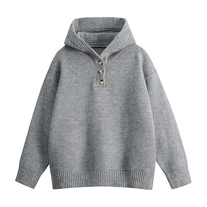 Casual Vintage  Hooded Half-Button Knit Sweater