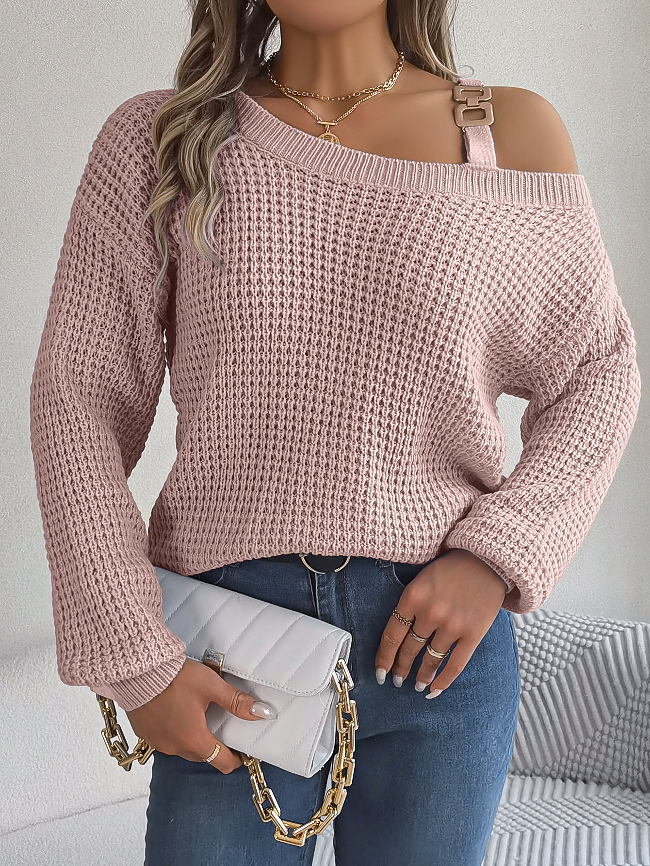 Metal buckle splicing off shoulder lantern sleeve pullover sweater