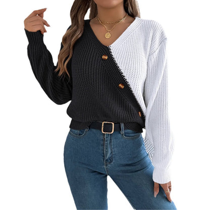 V-neck button contrasting lantern sleeve sweater