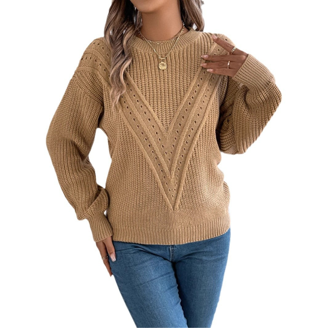 Casual solid color V-shaped hollow lantern sleeve sweater