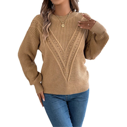 Casual solid color V-shaped hollow lantern sleeve sweater