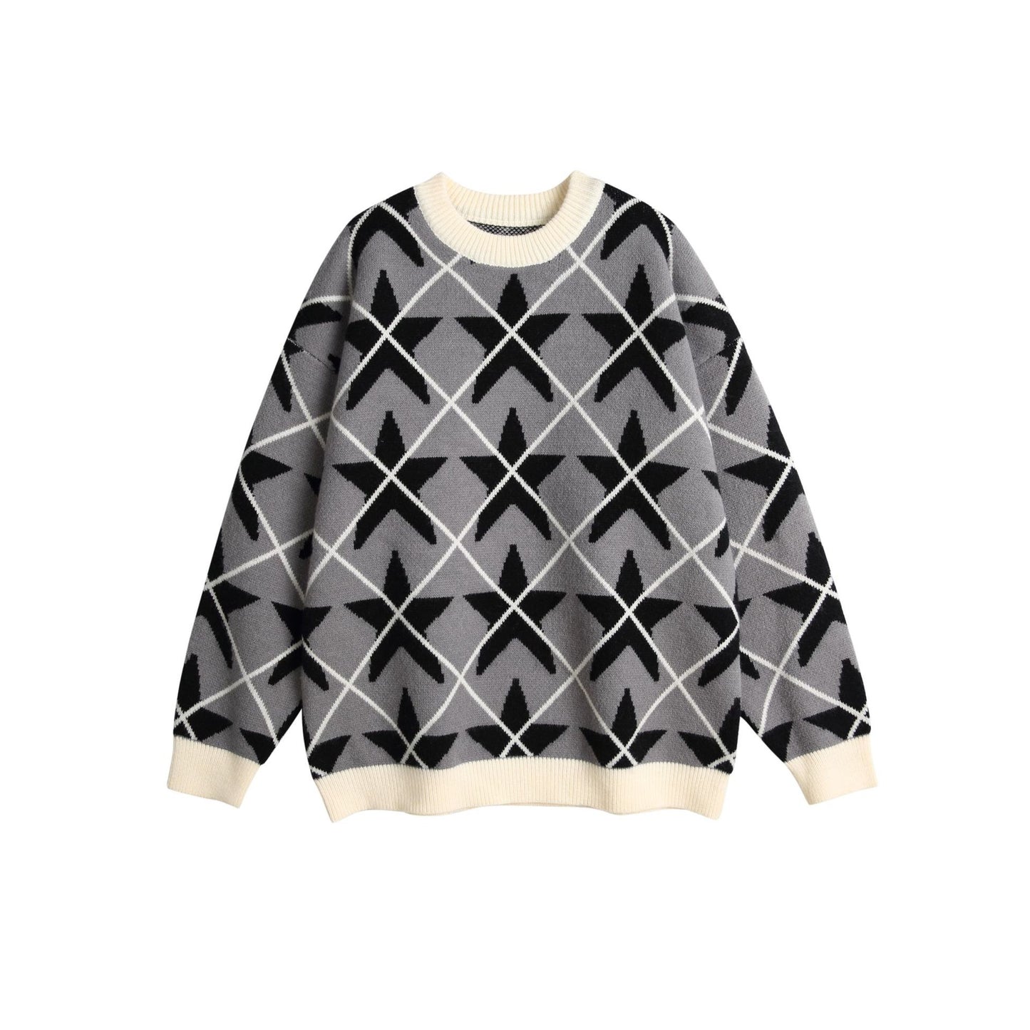 Star Color-Blocking Jacquard Crewneck Loose Unisex Pullover Sweater