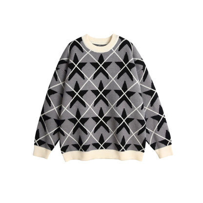 Star Color-Blocking Jacquard Crewneck Loose Unisex Pullover Sweater