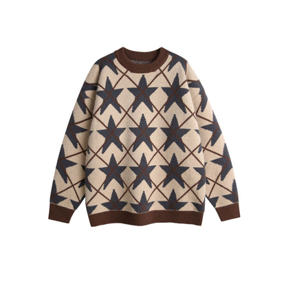 Star Color-Blocking Jacquard Crewneck Loose Unisex Pullover Sweater