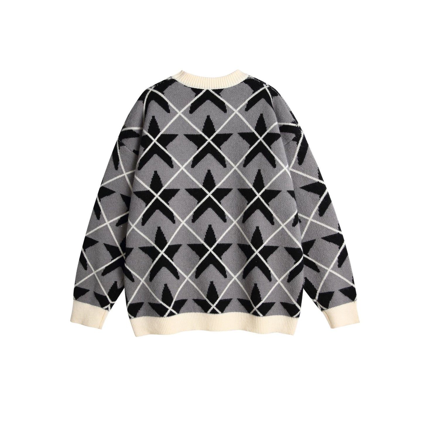 Star Color-Blocking Jacquard Crewneck Loose Unisex Pullover Sweater