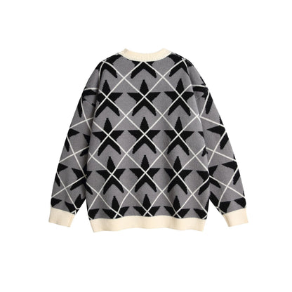 Star Color-Blocking Jacquard Crewneck Loose Unisex Pullover Sweater