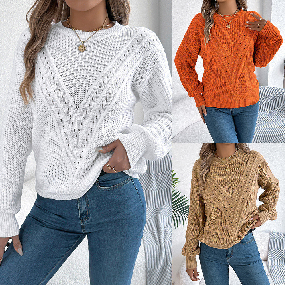 Casual solid color V-shaped hollow lantern sleeve sweater