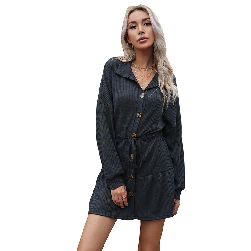 Vintage Turn-down Collar Drawstring Solid Color Buttoned Knit Dress with French Style