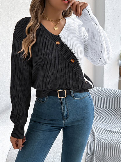 V-neck button contrasting lantern sleeve sweater