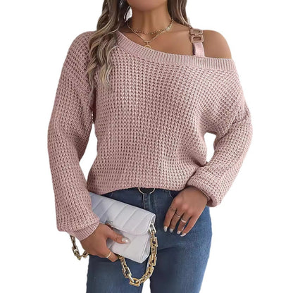 Metal buckle splicing off shoulder lantern sleeve pullover sweater