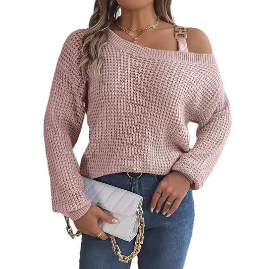 Metal buckle splicing off shoulder lantern sleeve pullover sweater