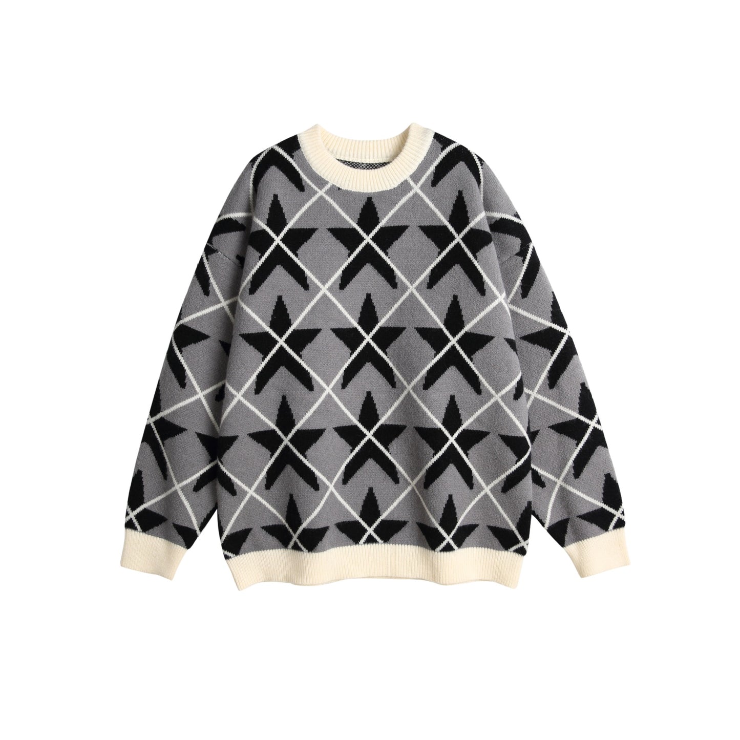 Star Color-Blocking Jacquard Crewneck Loose Unisex Pullover Sweater