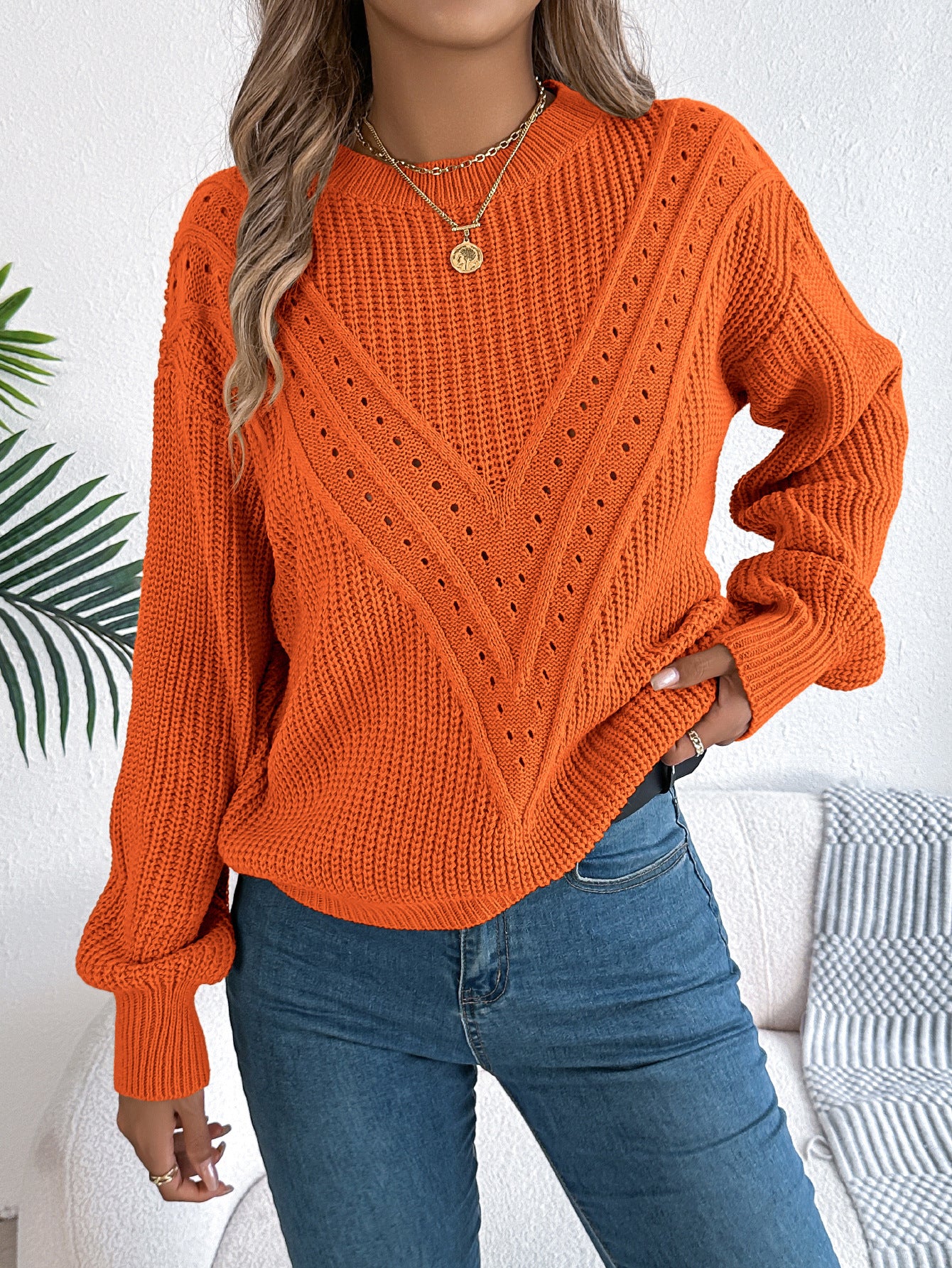 Casual solid color V-shaped hollow lantern sleeve sweater
