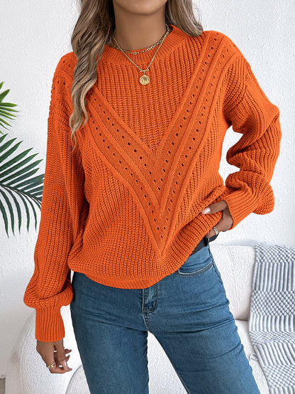 Casual solid color V-shaped hollow lantern sleeve sweater