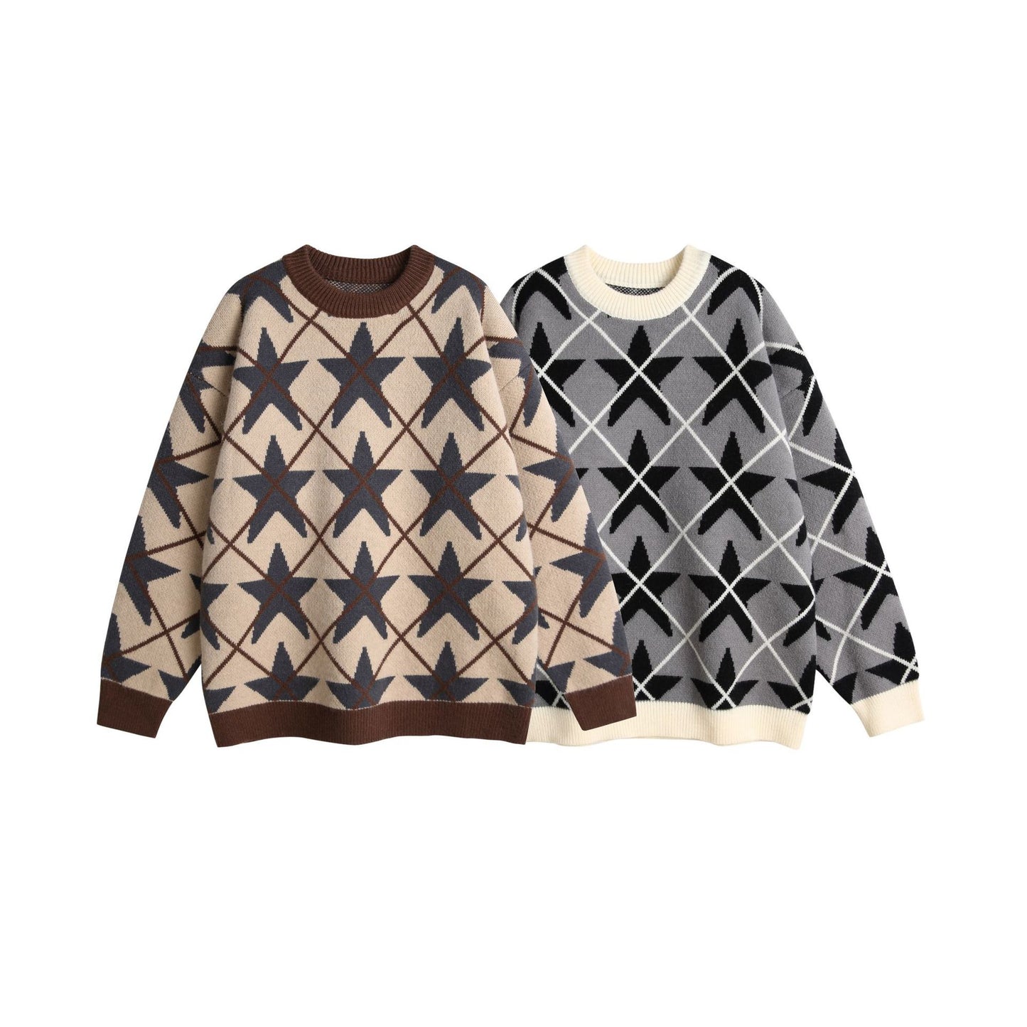 Star Color-Blocking Jacquard Crewneck Loose Unisex Pullover Sweater