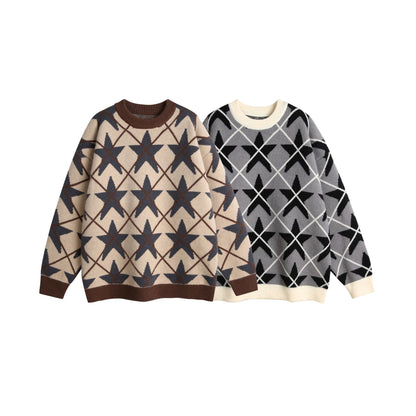 Star Color-Blocking Jacquard Crewneck Loose Unisex Pullover Sweater