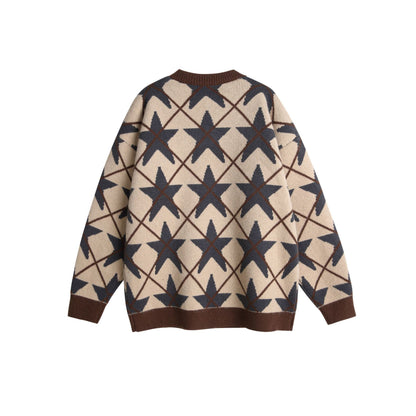 Star Color-Blocking Jacquard Crewneck Loose Unisex Pullover Sweater