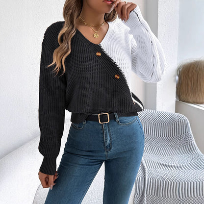 V-neck button contrasting lantern sleeve sweater