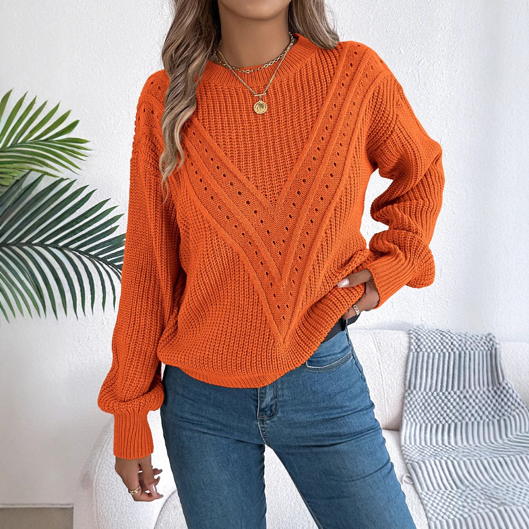 Casual solid color V-shaped hollow lantern sleeve sweater